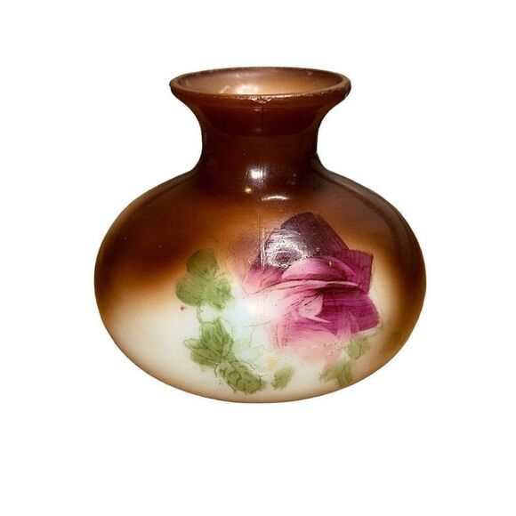 HAND PAINTED MILK GLASS VASE - Squat & Round Brown with Red Rose VINTAGE COUNTRY - Picture 10 of 11